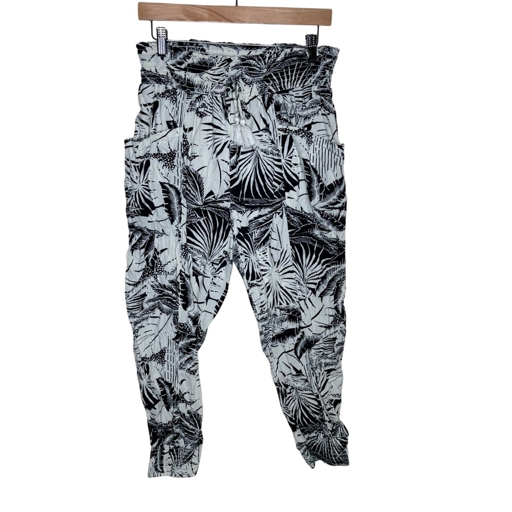Aerie Tropical Print Crepe Jogger Pants size Large Black/White